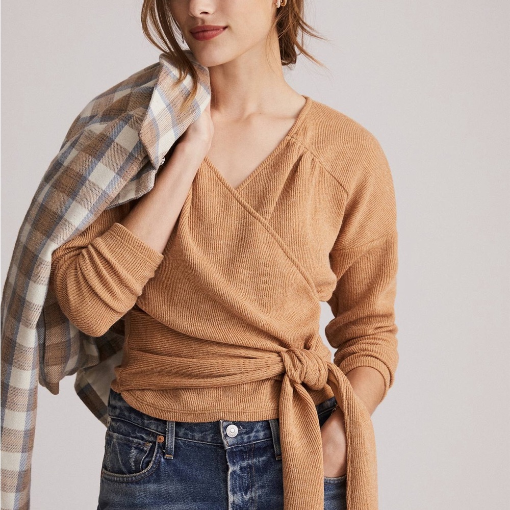 Anthropologie “cozy twist” wrap tie tan vneck knit sweater XS